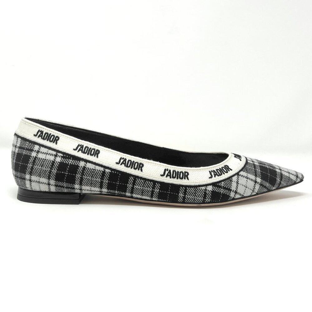 Dior‎ J’Adior Plaid Flats Tartan Wool Pointed Toe Logo Trim Black White 38 - Picture 4 of 11